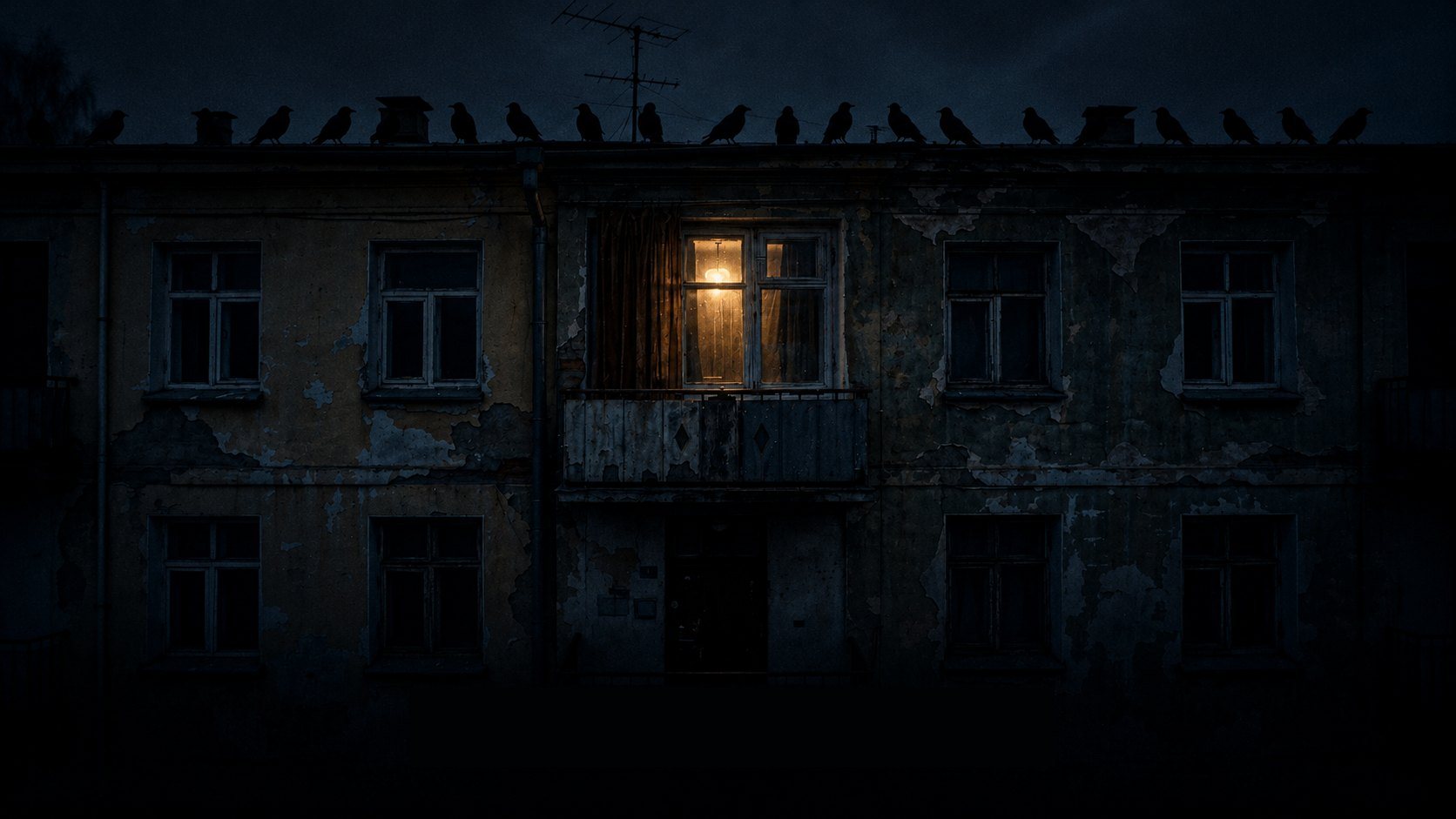 A crumbling apartment block at night, crows lined along the roof, one window lit